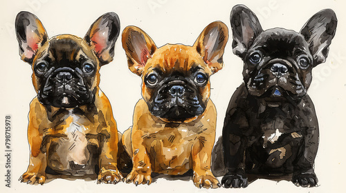 Three cute French Bulldog puppies in watercolor. Perfect for a pet-themed project.