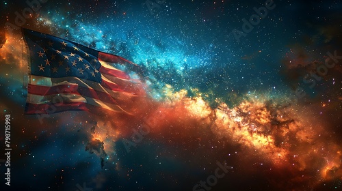 An artistic rendering of the USA flag in front of a cosmic, star-filled sky, symbolizing national pride on a galactic scale.