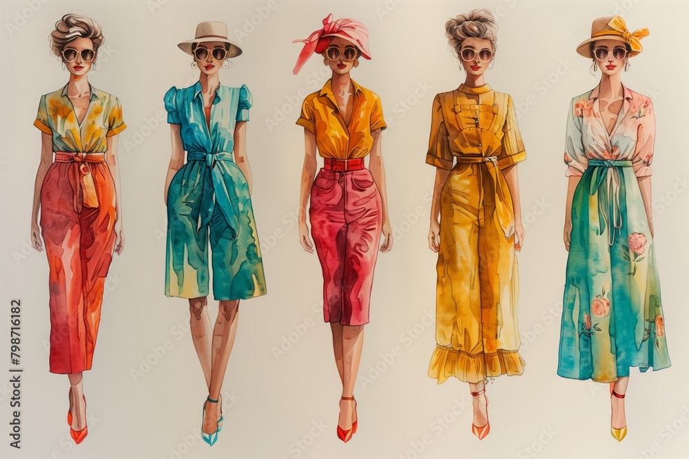 Naklejka premium Collage with a group of charming women in retro American fashion style on a light background, 50s trend