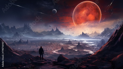 Two explorers on a rogue planet with breathtaking celestial landscape photo
