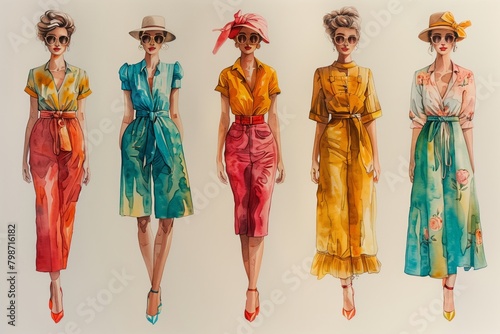 Collage with a group of charming women in retro American fashion style on a light background, 50s trend