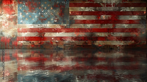 An artistic rendition of the USA flag reflected on a polished surface, offering a mirrored perspective that encourages introspection about freedom. photo