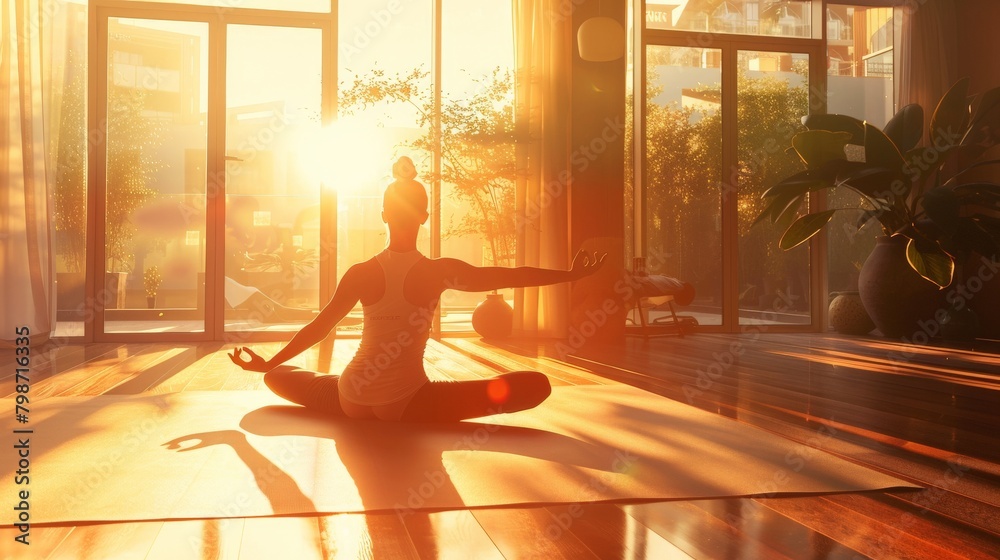 A serene morning yoga session in a sunlit room, where an individual moves gracefully through poses, the peaceful ambiance reflecting the harmony of mind and body.