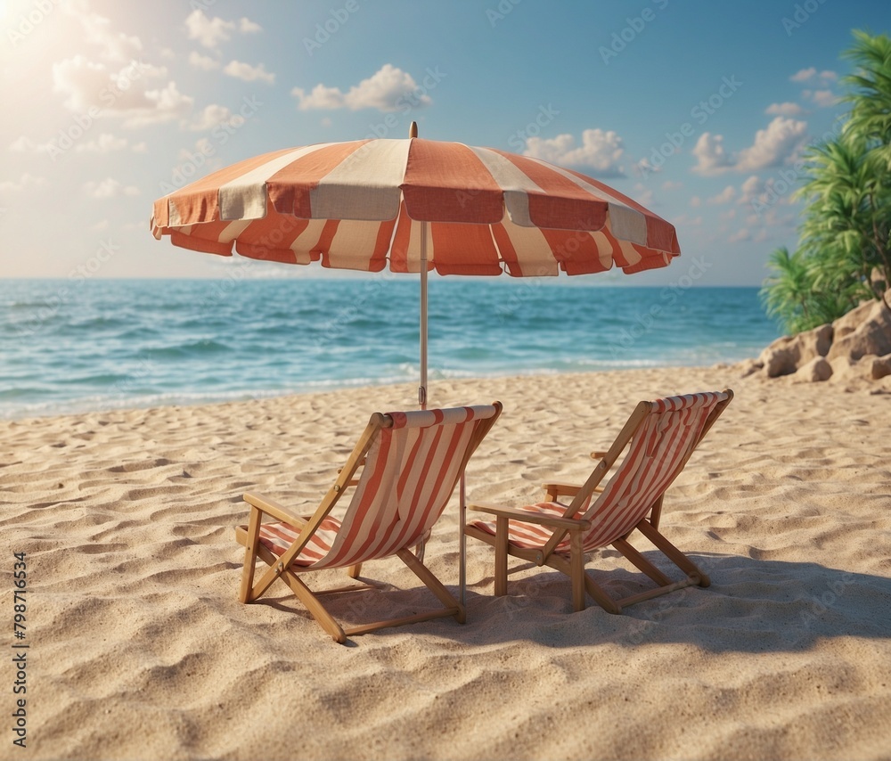 Beach chairs and umbrella on the beach. 3d render.