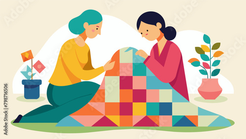 Across the room two women carefully stitch a quilt together their heads bent close as they swap memories of childhood and their love for the craft.. Vector illustration