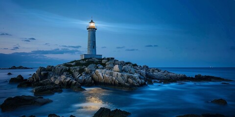 Fototapete Nautischer Stil Leuchtturm auf Felseninsel bei Nacht  © Lucianastudio