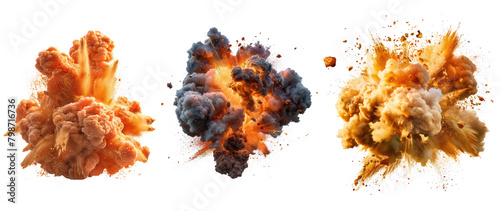 Set of smoke and explosion effect cut out, illustration of a burning fire. Isolated on transparent background.