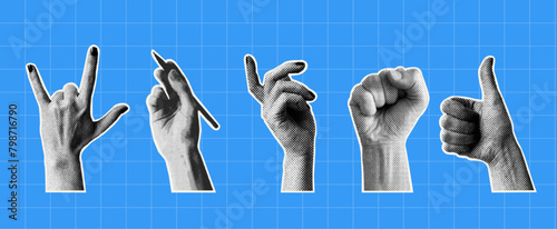 Set of hands. Isolated blue background. Collage elements. Vintage illustration with dotted pop art. 