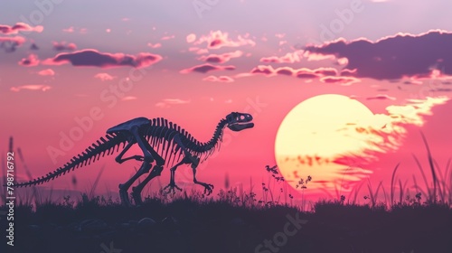 A silhouette of a dinosaur skeleton against a dramatic sunset  depicting a prehistoric landscape.