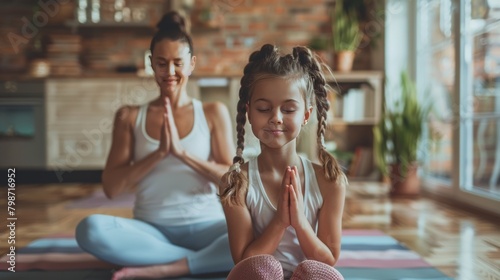 Family Wellness: Mom and Daughter Share Close Moment During Yoga Session photo