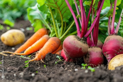 Vegetables Harvest. Autumn Harvest of Carrots, Beetroot and Potatoes in Organic Garden
