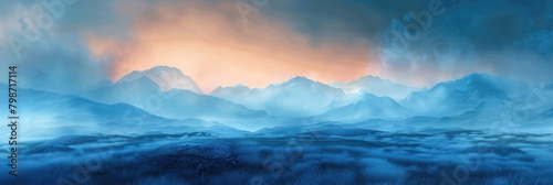 Blue Mountain Background. Beautiful Landscape with Misty Blue Mountains and Orange Sky