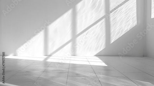 Shadow White. Empty White Table Against Wall with Elegant Shadow Play