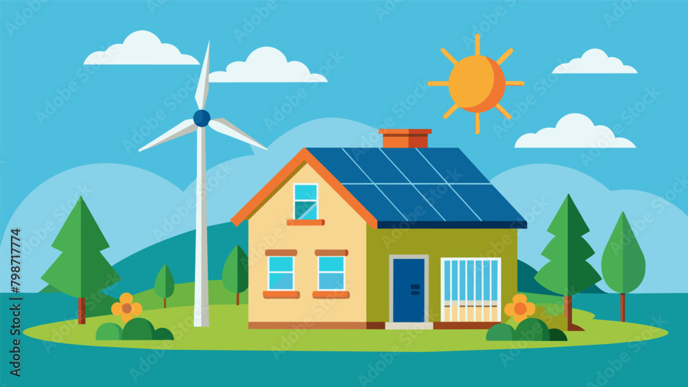 A singlefamily home with a backyard wind turbine and solar panel system reducing its carbon footprint and electricity bill. A singlefamily home with a backyard wind turbine and solar panel system reducing its carbon footprint and electricity bill.