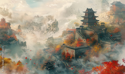 Landscape illustration of Chinese style architecture