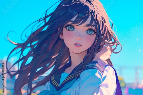 A high school girl and blur background, Japanese anime style