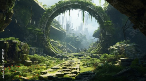 Futuristic ancient ruins surrounded by lush greenery and mysterious artifacts photo