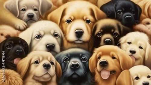 dogs portraits, puppy faces collage collection, many dog’s muzzle of different breeds, Generative AI	 photo