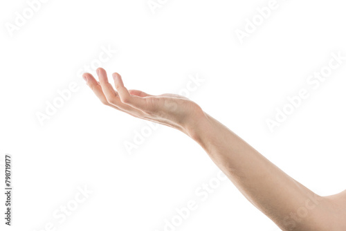 Adult man hand to hold something on his palm isolated on white