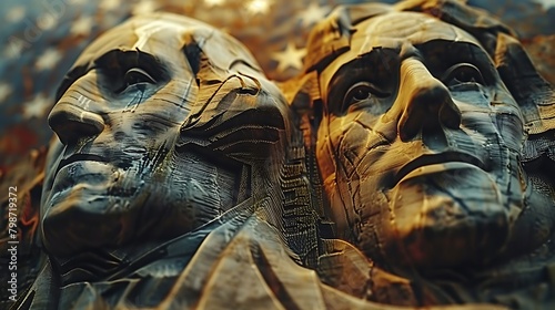 The USA flag superimposed on an artistic rendering of Mount Rushmore, linking the patriotism of the flag with the monumental heritage of the nation. photo