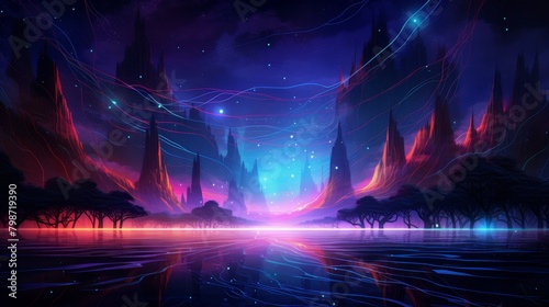 Ethereal tech abstract with glowing auroras and digital landscapes, perfect for themes of exploration and innovation,