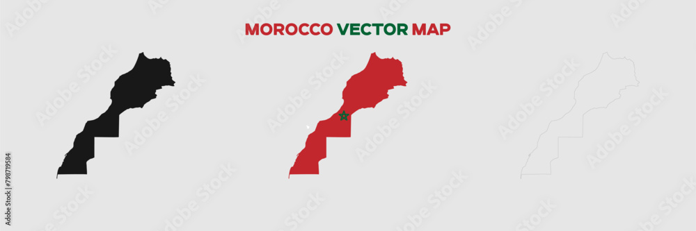 Morocco Map Vector Pack. Map with Flag. Gray Map Silhouette. Gray Outline Map. Editable EPS file. 