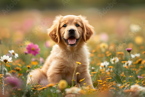 A cute puppy playing in a field of flowers, with a wagging tail and happy expression