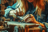 Crafter woman grinds and processes handcrafted jewelry.