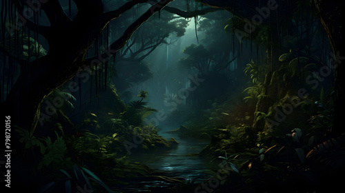 Deep tropical forest in darkness