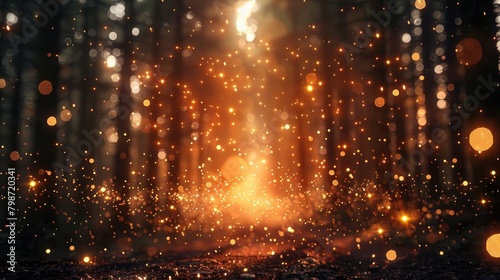Blurry and filtered image capturing light burst amidst trees with glitter bokeh lights © 2rogan