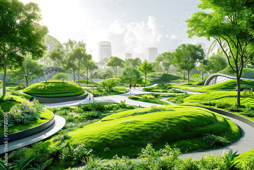Futuristic city parks and green spaces with advanced technology.