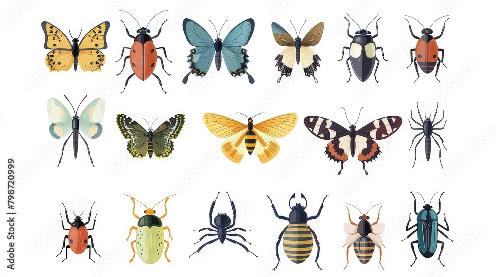 Insect vector icons flat set isolated on white background. Bug, ant, butterfly, spider and other small forest animals Insect vector icons flat set isolated on white background. Bug, ant, butterfly, spider and other small forest animals