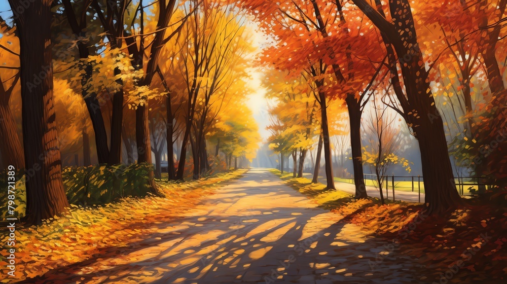 A park alley lined with tall trees, their leaves a cascade of golds and reds, with soft sunlight casting long shadows, perfect for a peaceful fall walk background