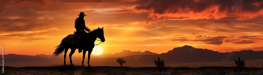 A cowboy silhouetted against a fiery evening sky, his hat tipped forward and a lasso at his side, evoking the solitude and adventure of the western frontier