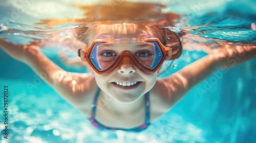 Happy child little kid swimming underwater in a pool on sunny day as recreation activity concept for summer holidays