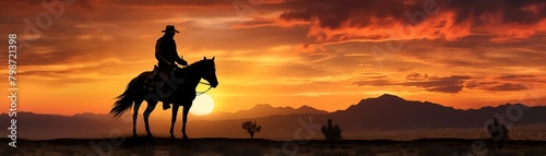 A cowboy silhouetted against a fiery evening sky, his hat tipped forward and a lasso at his side, evoking the solitude and adventure of the western frontier