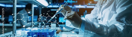 Laboratory precision in drug formulation, close-up on scientists hands with pipette, molecule diagram photo