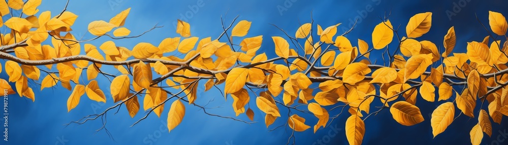 Golden autumn leaves shimmering in the sunlight against a deep blue sky, blending natural beauty with a sense of richness and abundance