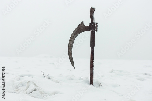A study in simplicity a battle sickle poised on a field of pure white.