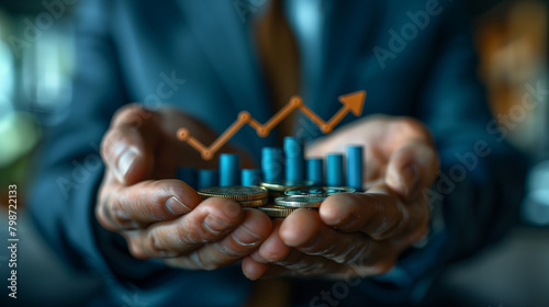 A businessman holds coins in his hands, demonstrating a clear increase in investment. Miniature growth graph with diagrams. Business showing growth. ROI and Return on Investment
