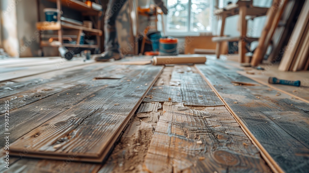 Home Improvement: A photo of a person laying laminate flooring in a bedroom Home Improvement: A photo of a person laying laminate flooring in a bedroom