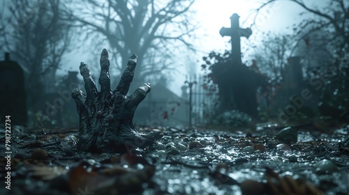 A zombie hand reaching out from the ground in a dark and foggy cemetery setting