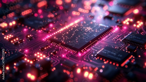 A digital circuit board background with vibrant neon lights pulsing through the intricate network of wires and components.