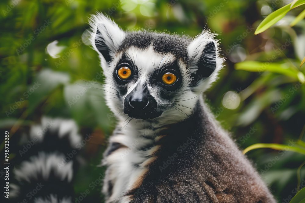 A portrait-like illustration of a lemur on a jungle backround A portrait-like illustration of a lemur on a jungle backround