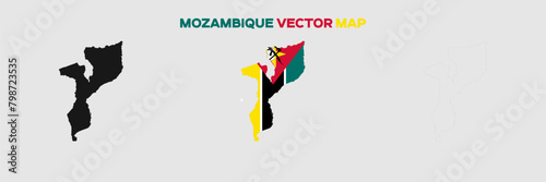 Mozambique Map Vector Pack. Map with Flag. Gray Map Silhouette. Gray Outline Map. Editable EPS file. 