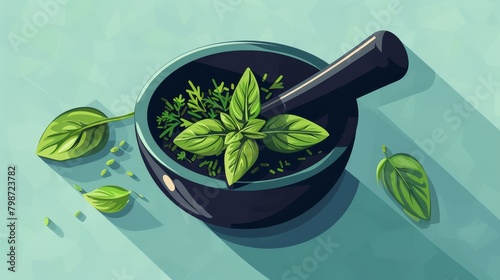 Kitchen and Cooking: A vector illustration of a mortar and pestle grinding herbs