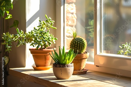 Close up of potted plants on windowsill in sunny home interior  sunlight shining through window onto cacti and succulents in pots. Ai generated