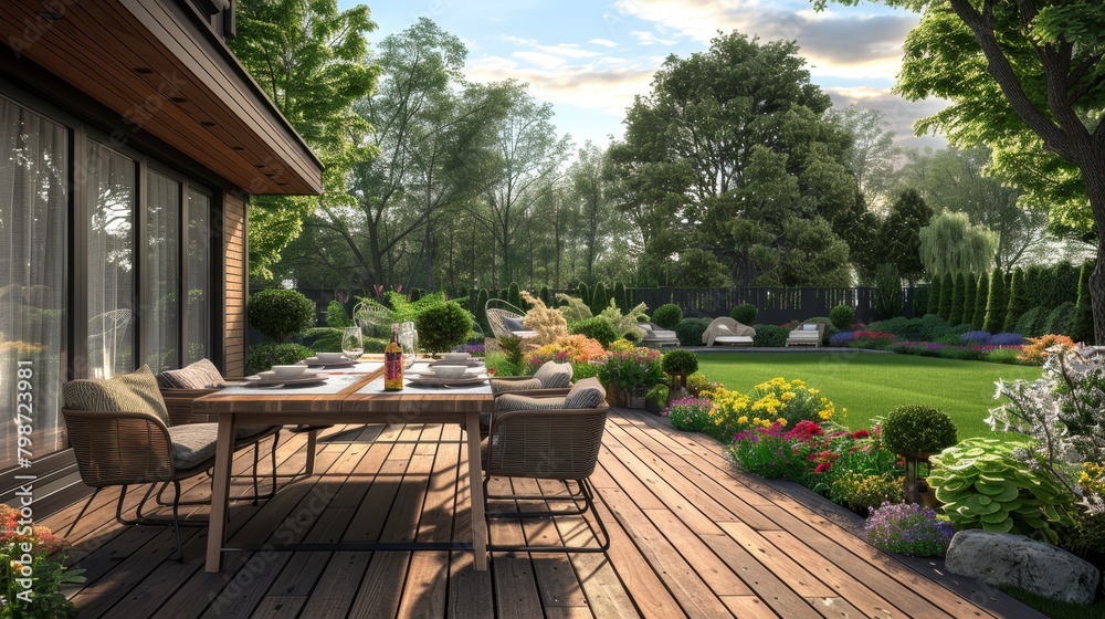 Outdoor Living: A 3D vector illustration of a backyard deck with a dining table set for a meal