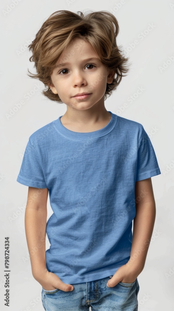 Little boy wearing blank blue t shirt mockup for print image portrait isolated Little boy wearing blank blue t shirt mockup for print image portrait isolated