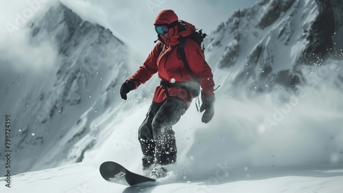 Freeride snowboarder on the slope of a snowy mountain, Generative AI,